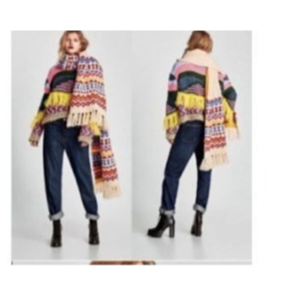 Zara Knit Colorful Fringed Sweater Multicolor Womens Size Large - Picture 7 of 14